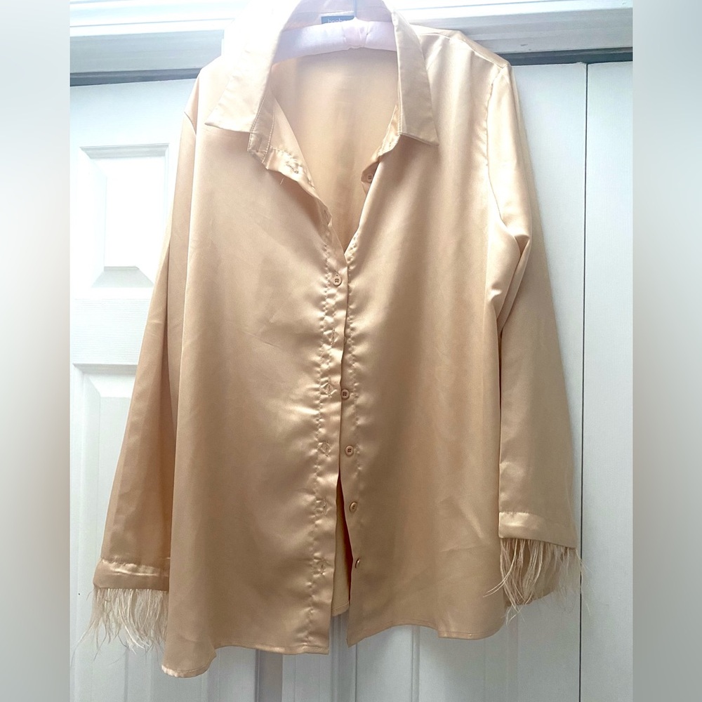 Gorgeous new BooHoo brand gold satin blouse with feather cuffs size 6